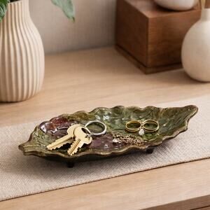 Japanese Ceramic Leaf Dish Kotobuki Green Trinket Tray Made in Japan